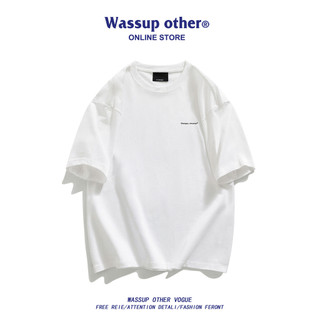 WASSUP OUTRO verão pesado camiseta de manga curta masculina Street Wear solto All-Match simples manga de cinco pontos me