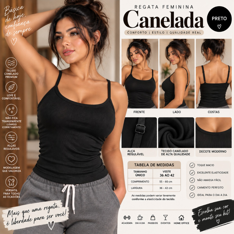 Regata Feminina Canelada Alcinha Alça Regulável Blusinha Básica Casual Verão Várias Cores