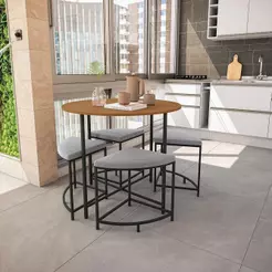 Mesa Redonda LI038 4 Lugares Tampo MDP com Bancos Estofados Suede Marrom Canela Preto Fosco