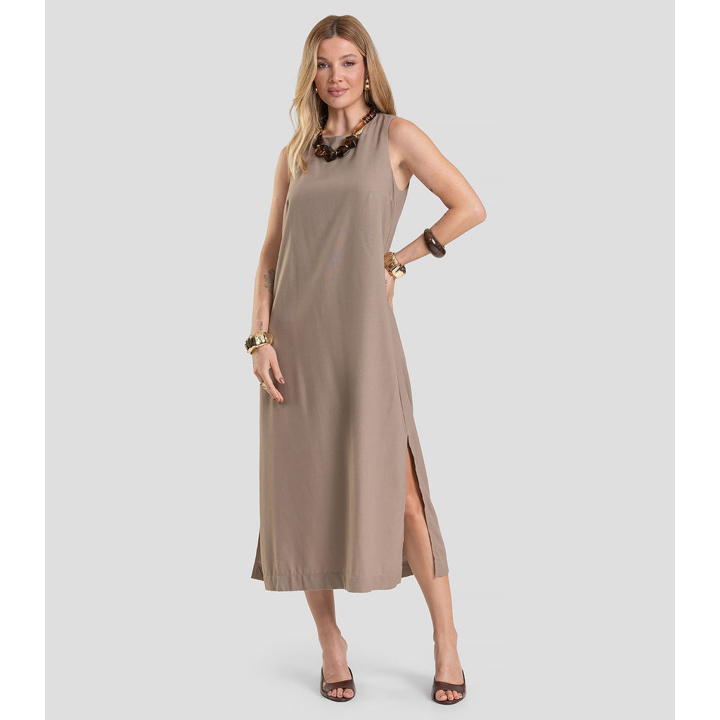 Vestido Midi Feminino em Tecido Linho Dianna Marrom