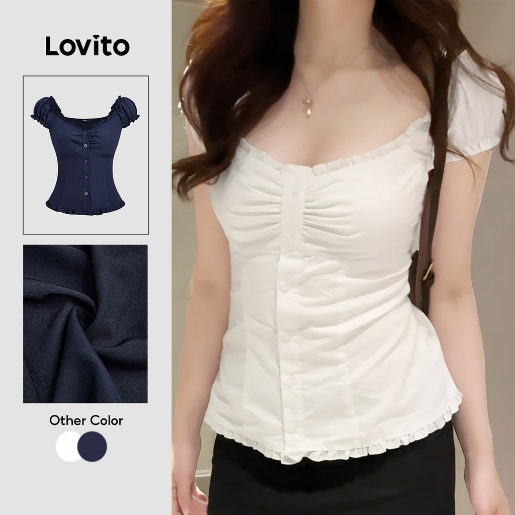 Lovito Casual Blusa Fofa com Acabamento de Alface de Primavera/verão Branca para mulheres L143AD190