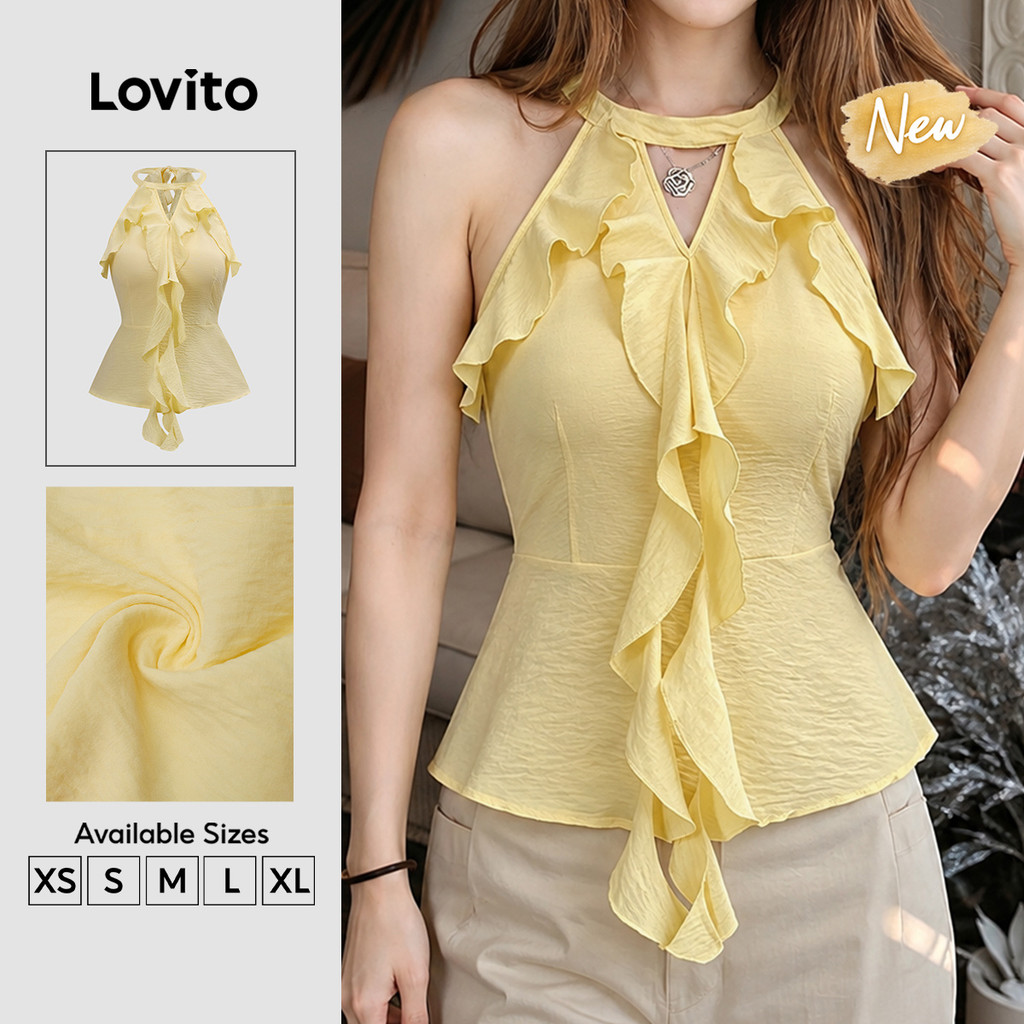 (New Arrival) Lovito Top Feminino Casual Amarelo Claro Sem Mangas Decote V Textura Com Babados Leve primavera/verão TKB205P2D441