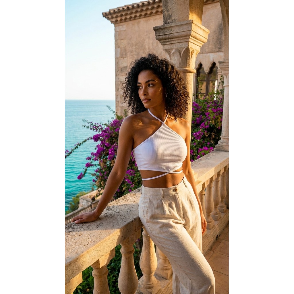 Blusa cropped feminino canelado triângulo amarração pescoço e cintura sem bojo elegante