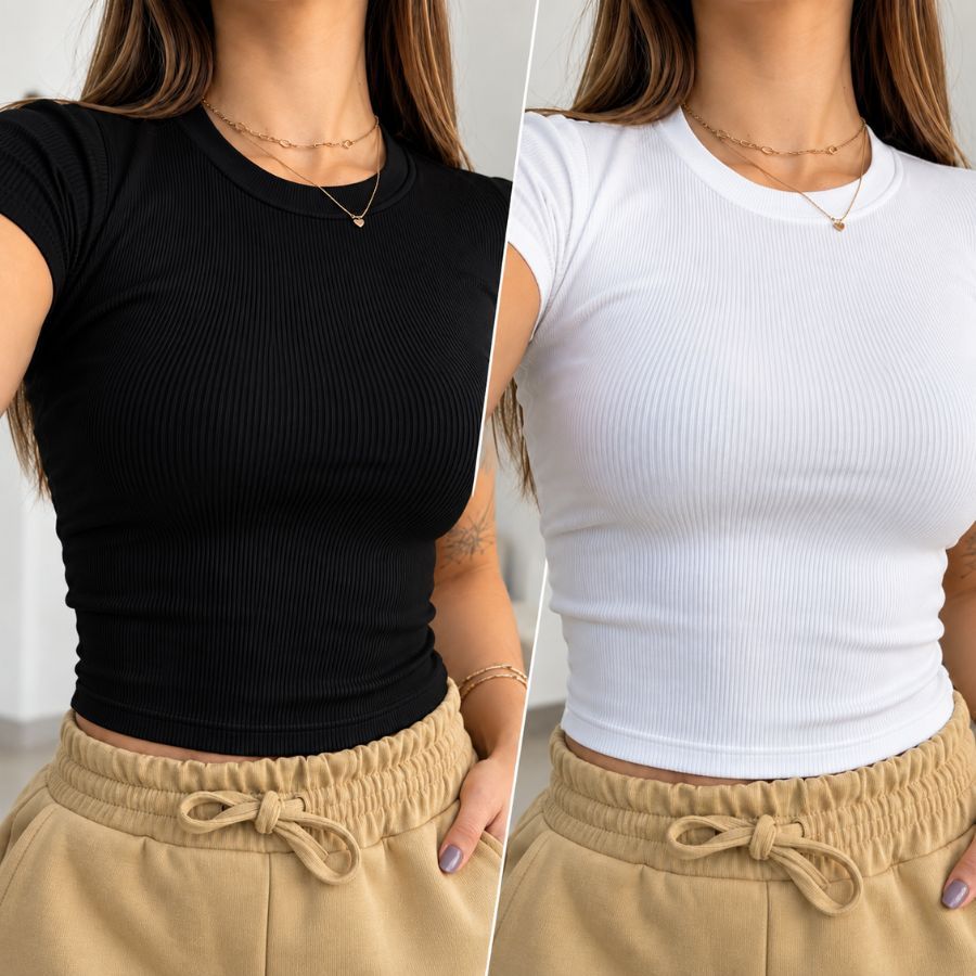 Baby Tee Canelada Blusa Cropped Feminina Manga Curta Gola Redonda Básica Preta Branca Kit Tam Único
