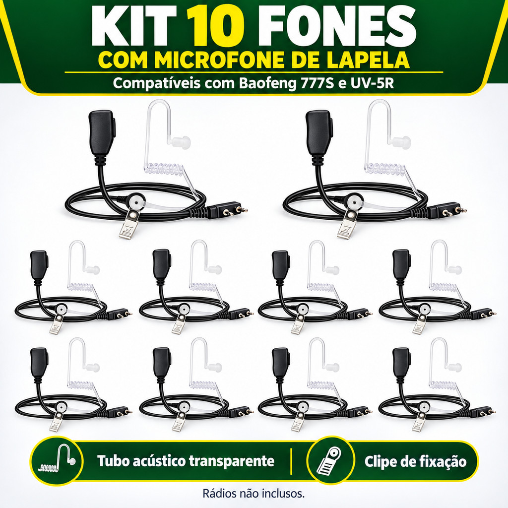 Fone de Ouvido para Rádio Comunicador Baofeng UV5R 777S Kit 10 Unidades com Microfone de Lapela e Tubo Acústico