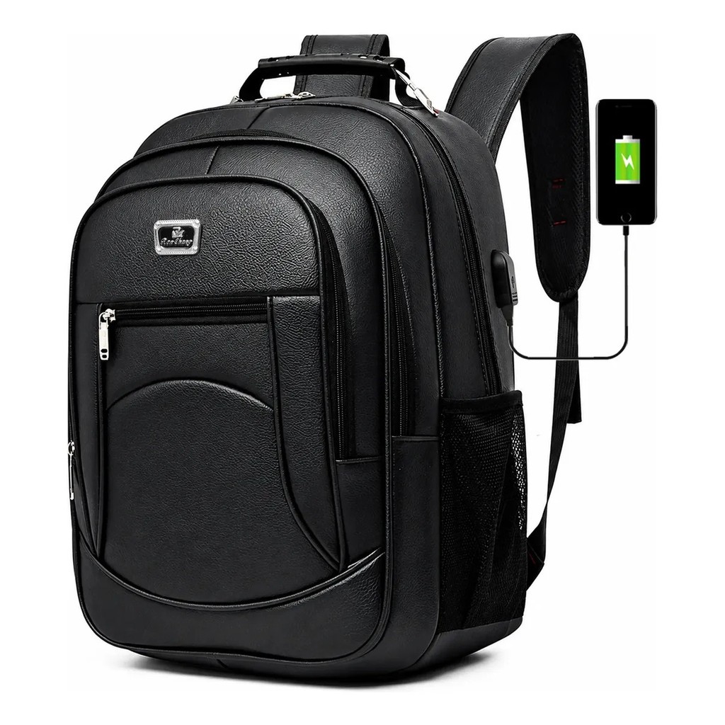 Mochila Couro PU Grande Executiva Para Notebook Trabalho Faculdade Reforçada Cabo De Aço USB