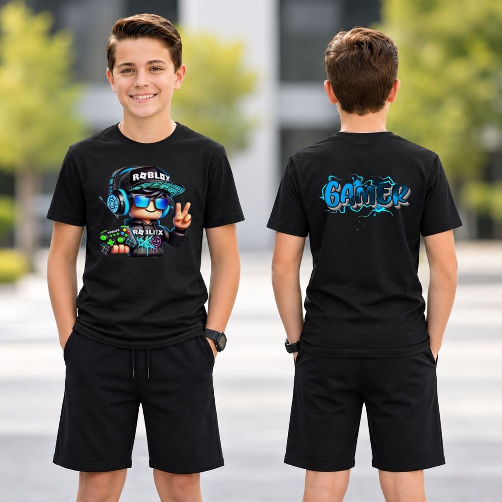 Conjunto Roblox Gamer: Camiseta estampada Short Preto 100% Algodão Confort Premium Presente Criança Tendência 2026