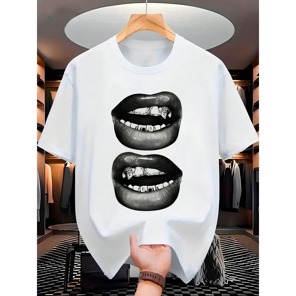 Camiseta Masculina Streetwear 100% Algodão Masculina Estampada Bocas Camisa Premium Costura Reforçada