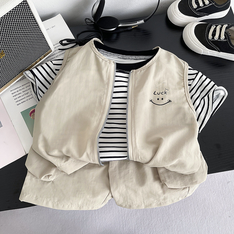 Nova Moda Verão Bebê Meninos Roupas Terno Crianças Sorriso Impressão Colete Com Zíper + Camiseta De Algodão Listrado + S