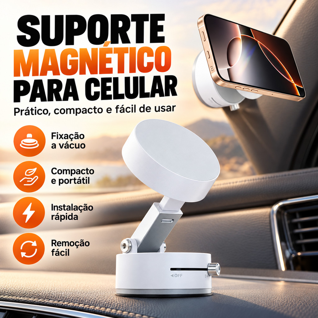 Suporte Magnético 360° para Celular no Carro com Base a Vácuo Ajustável Dobrável Universal