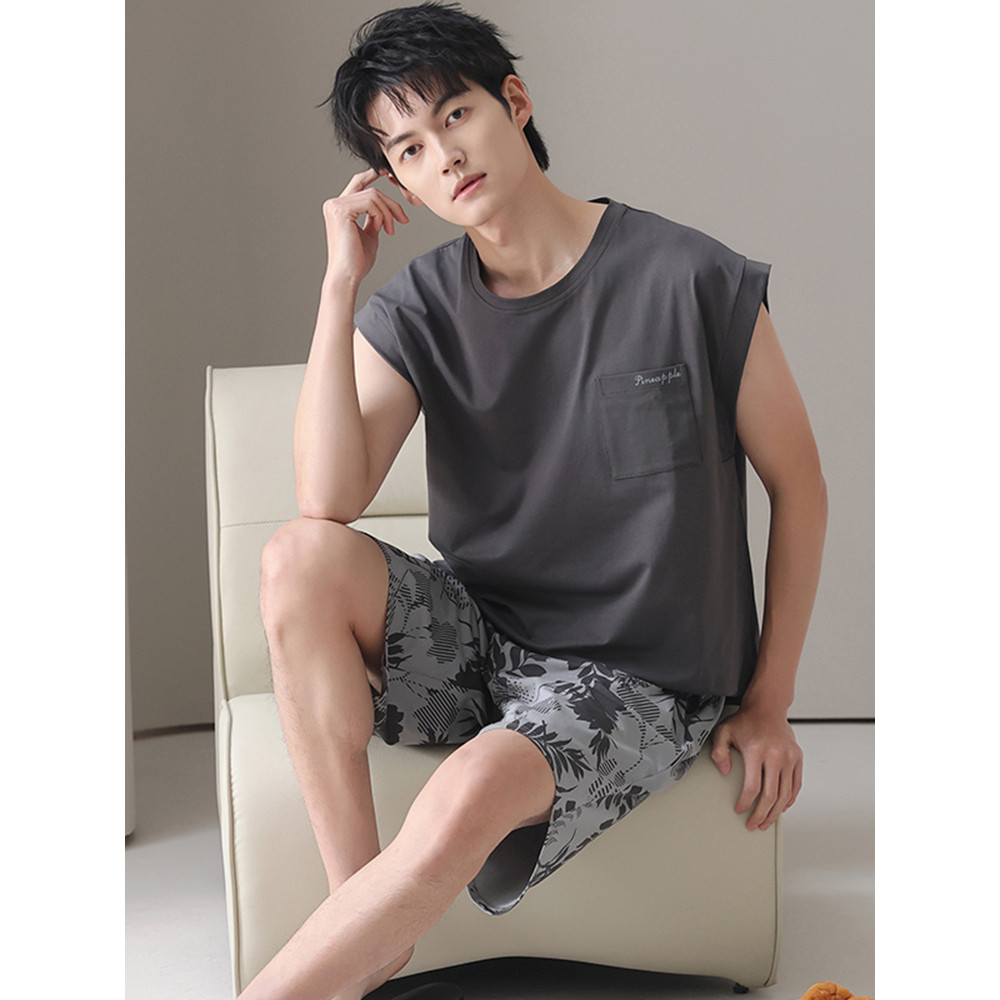 Daphne pijamas masculinos verão puro algodão em torno do pescoço sem mangas colete Shorts estilo fino juventude Homewear