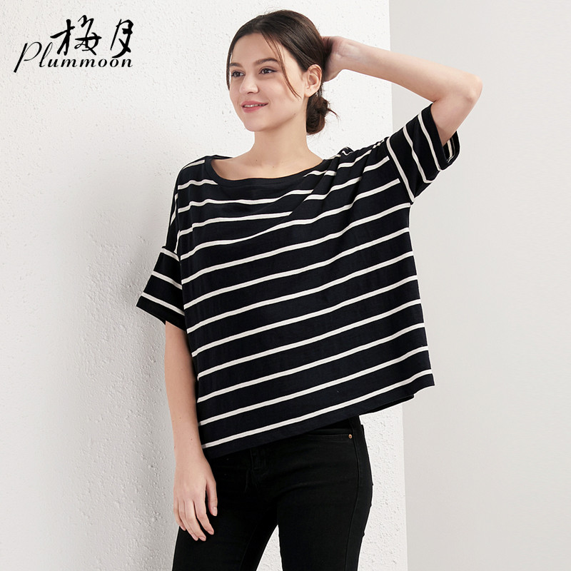 Meiyue primavera verão feminino preto branco manga curta listrado camiseta solta versão coreana All-Match camisa de fund