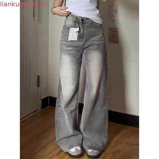Primavera Verão Feminino High Street Casual Solto Jeans De Perna Larga Americano Retro Lavado Calças Reta
