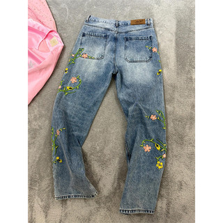 Americano Retro Floral bordado Jeans Design sentido nicho frito à mão lavado riscado ligeiramente rasgado calças retas r