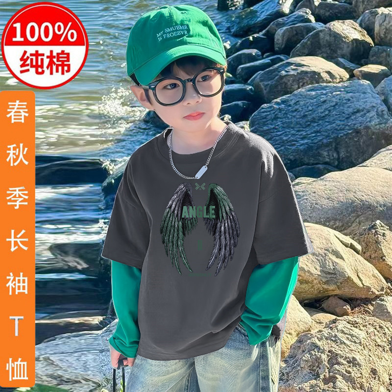 2026 primavera outono novo estilo meninos de manga comprida camiseta falsa costura de duas peças contraste cor crianças 