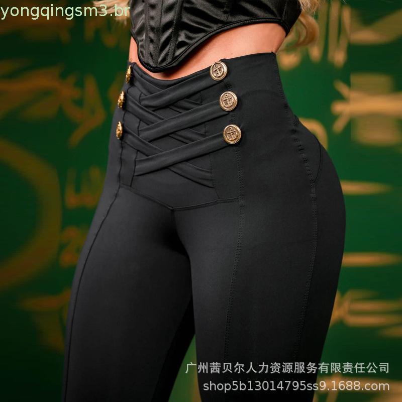 Calça Legging polida chapa barriga com detalhes com botão na cintura feminina