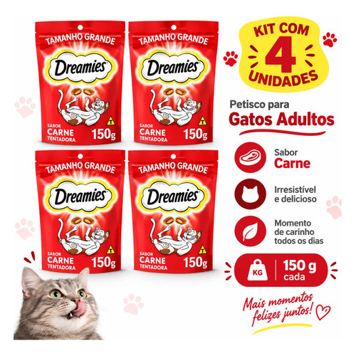 Kit 4 Petisco Dreamies Gatos Adultos 150g Snack Carne