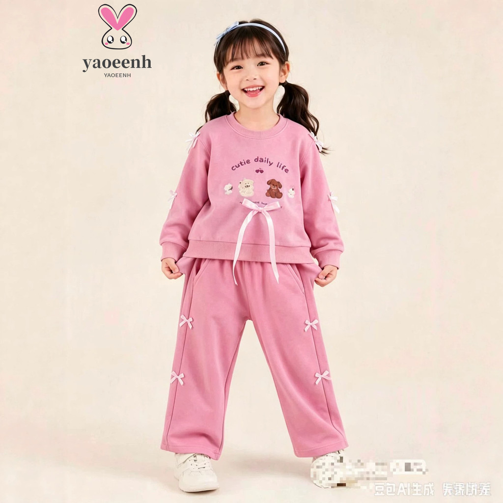 90-150CM pequeno médio crianças arco impressão dos desenhos animados terno Casual meninas versão coreana calças esportiv