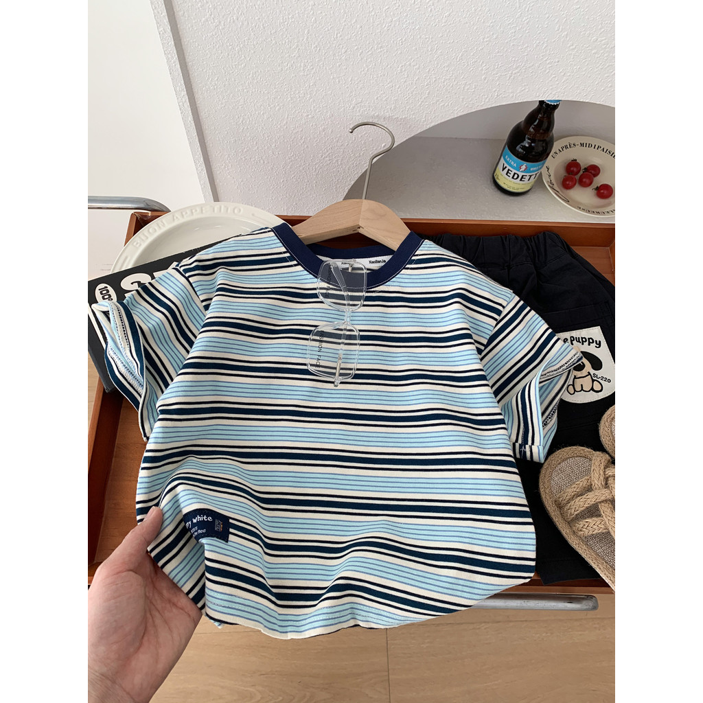 Meninos verão puro algodão manga curta camiseta 2026 novo estilo crianças azul listrado em torno do pescoço meia manga m