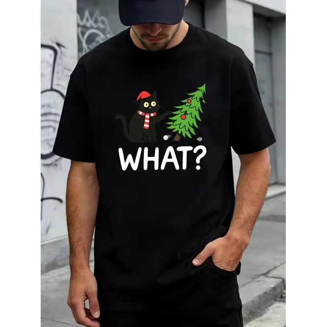Camiseta Masculina Manga Curta Estampada Gato Natalino Divertida Confortável Estilosa Moderna Casual Tendência