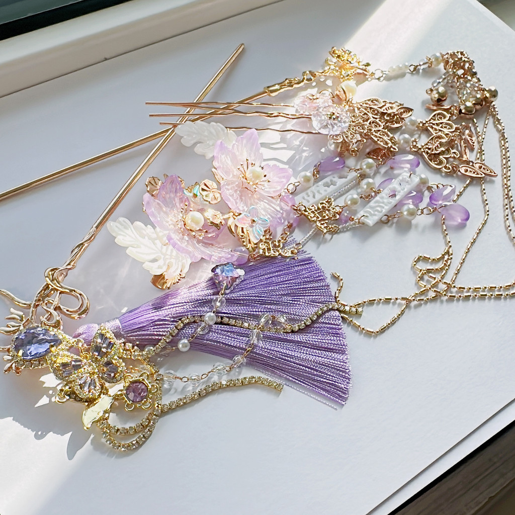 Frete grátis conjunto roxo suave lindo passo agitando grampo de cabelo feito à mão cabeça Hanfu joias grampo de cabelo b