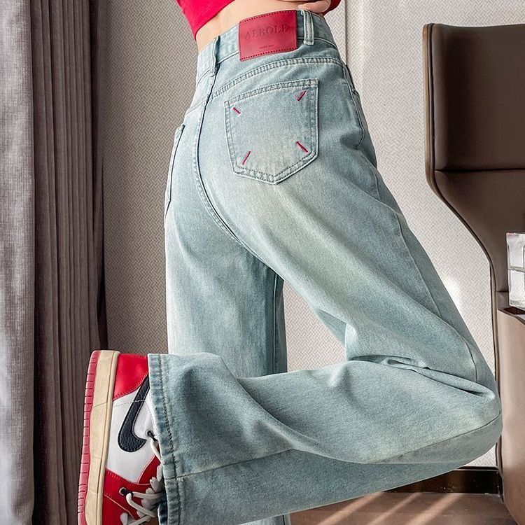Cintura alta mais magro olhar versão estreita cor clara Jeans de perna larga feminino primavera outono glaciar azul bord