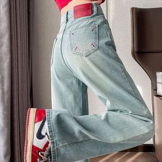 Cintura alta mais magro olhar versão estreita cor clara Jeans de perna larga feminino primavera outono glaciar azul bord