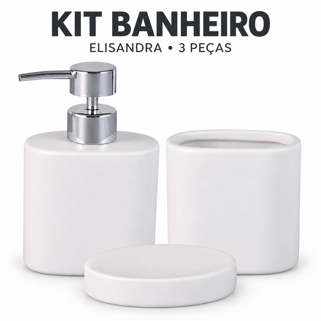 Kit Banheiro Lavabo Cerâmica 3 Peças Porta Sabonete Líquido Porta Escova de Dente e Saboneteira
