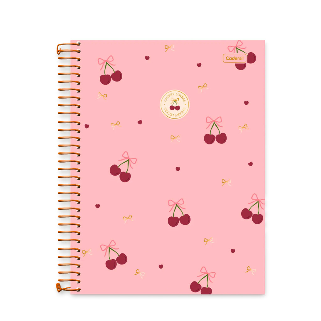 Caderno 15 Matérias Universitário Cherry Lovers 240 Folhas - CADERSIL Capa:Cereja Rosa
