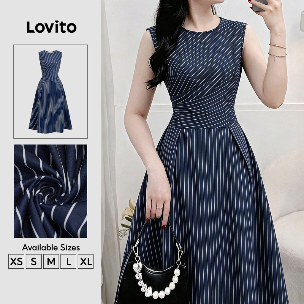Lovito Vestido Elegante Azulmarinho Assimétrico com Listra Lateral primavera/verão DRB202P2D416