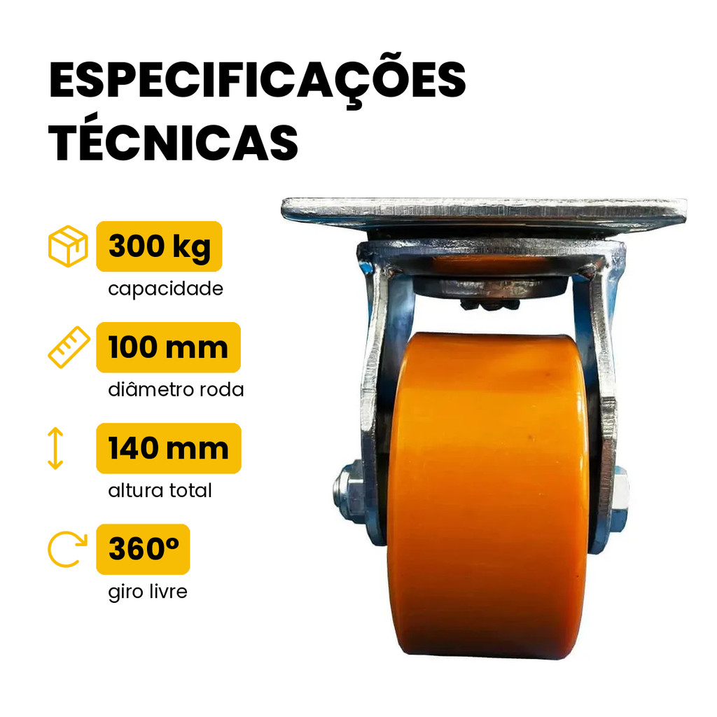 Rodízio Giratório Poliuretano 4" 100mm 300kg JST Sem Freio para Carrinhos — imagem 2 de 2