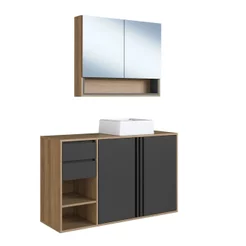 Gabinete de Banheiro 110cm com Espelheira 2 Portas e Cuba Antônia Preto/Mel/Grafite 110