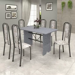 Conjunto de Mesa 140x75cm Tampo Granito com 6 Cadeiras Lavínea Cinza/Martelado Prata/Ocre/Botanic Bege Martelado