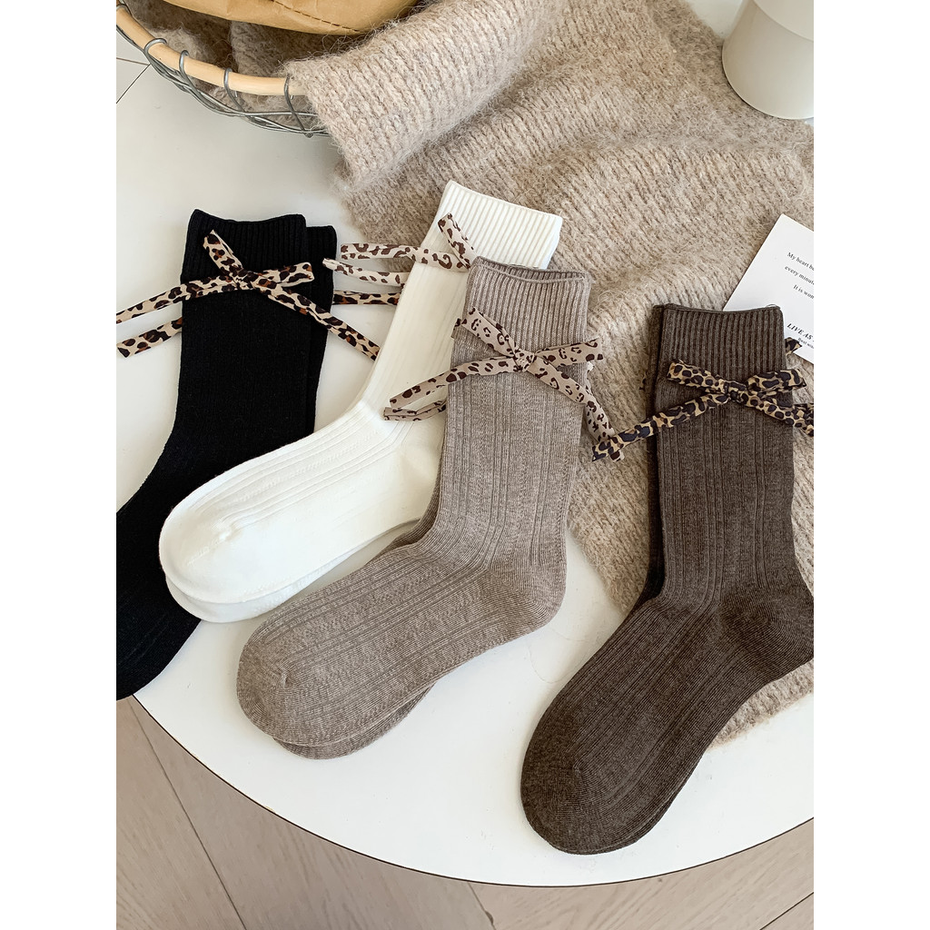 Menina quente leopardo impressão meias femininas primavera outono estilo na moda Bowknot meias inverno café cor Merader 