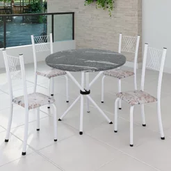 Conjunto de Jantar Mesa Tampo Redondo de Granito Topázio com 4 Cadeiras Sara Yescasa Branco/Botanic Bege Botanic