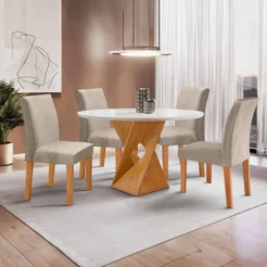 Conjunto Mesa Barcelona 100cm com 4 Cadeiras Espanha Tampo Slim Plus Redondo Vidro Yescasa Cinamomo/Off White/Boucle