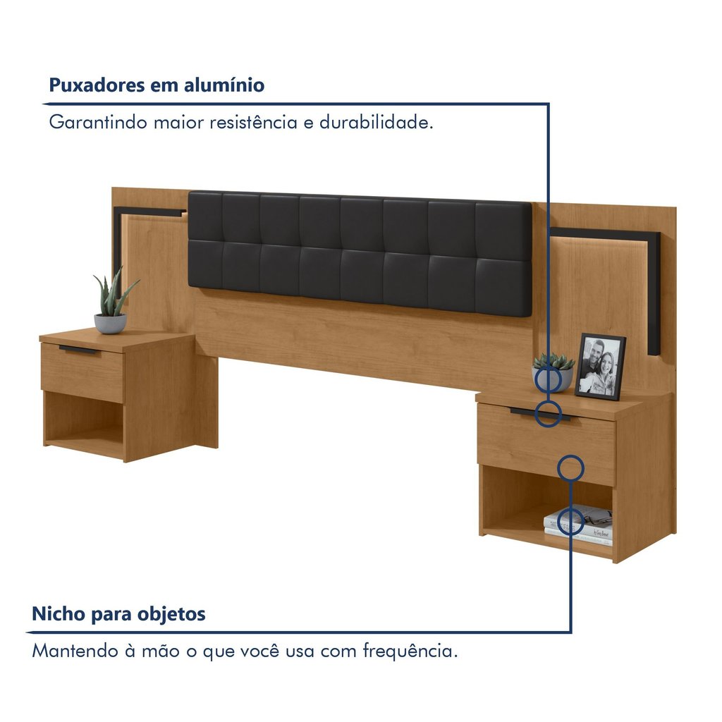 Cabeceira Casal Queen com 2 Mesas de Cabeceira LED Corino Calitan Marrom Amêndoa Clean/Preto Fosco Amêndoa Clean/Preto · foto 2