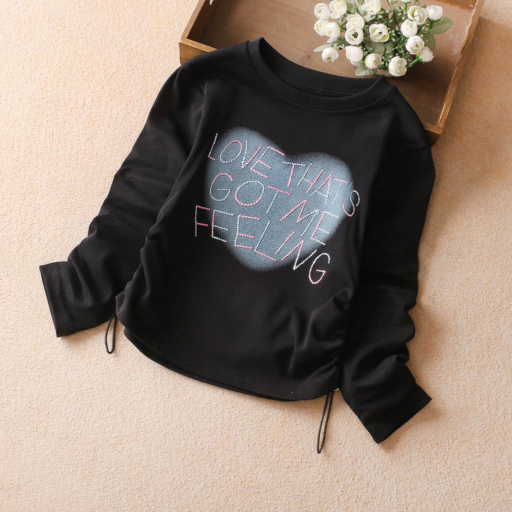 Meninas de manga comprida camiseta primavera outono estilo moda crianças carta impressa em torno do pescoço cordão cintu