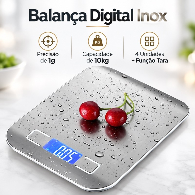 Balança de Cozinha Digital 10Kg em Inox Alta Precisão 1g Dieta Fit com Tara LCD Pilhas Inclusas Alarme de sobrecarga