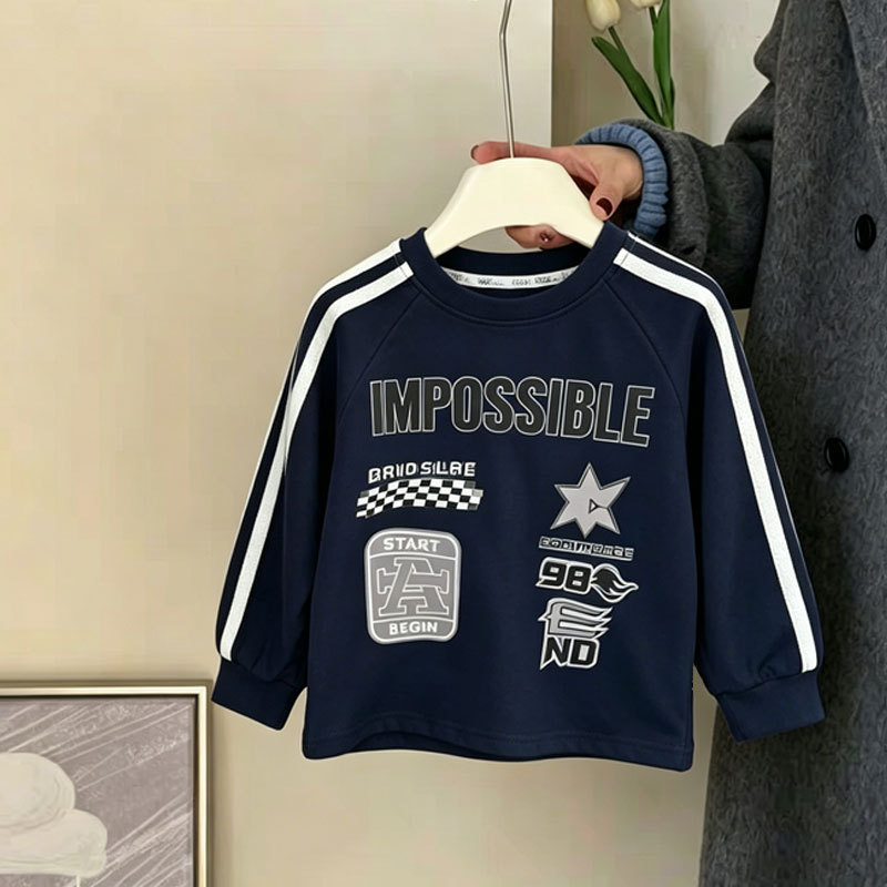 Algodão puro meninos de manga comprida camiseta primavera outono novo estilo médio pequeno crianças versão coreana carta