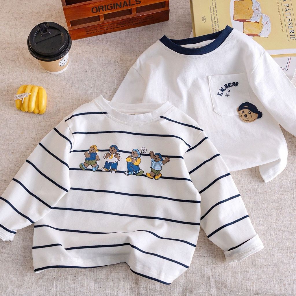 Crianças camiseta de manga comprida 2026 primavera outono novo estilo menino listrado topo dos desenhos animados urso be