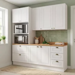 Cozinha Compacta Modulada 3 Peças 100% MDF com Torre Quente e Balcão com Tampo Branca/Nature Emily Branco HP/Nature