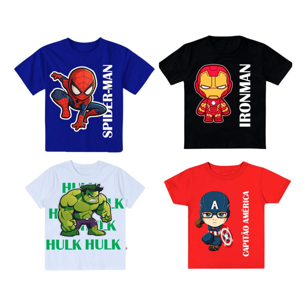 Kit Conjunto 4 Camiseta Infantil Super Heróis Roupa Camisa Blusa Criança