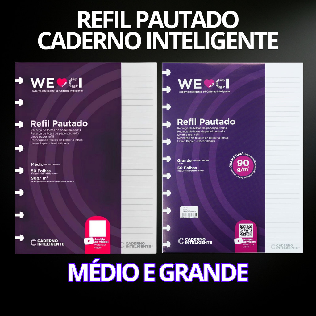 Refil Caderno Inteligente Médio/Grande Pautado 90g 50 Folhas Original Excelente Qualidade em Oferta na Shopee