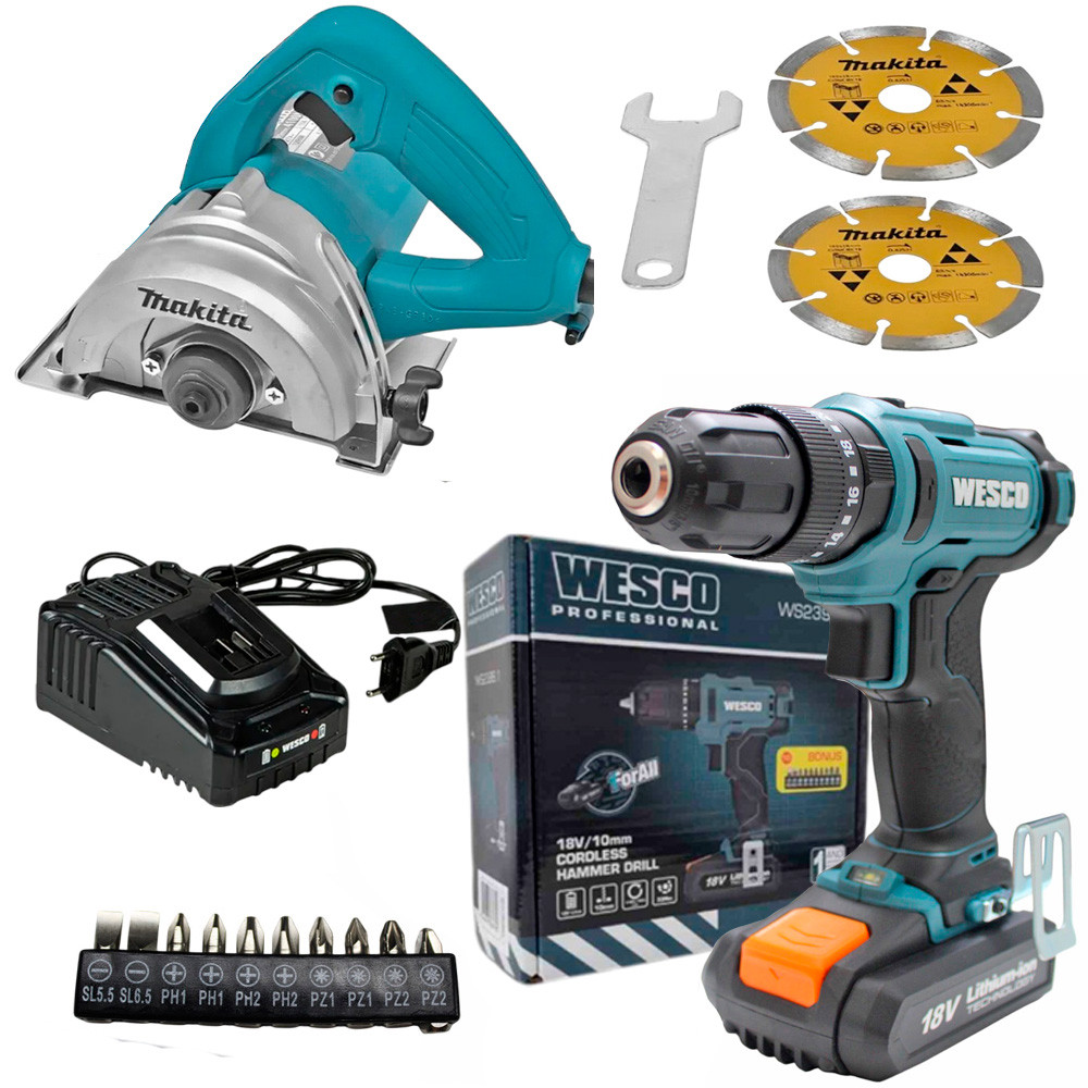 Kit Marcenaria Profissional com Furadeira de Impacto Wesco 18V e Serra Mármore Makita 110mm 2 Discos