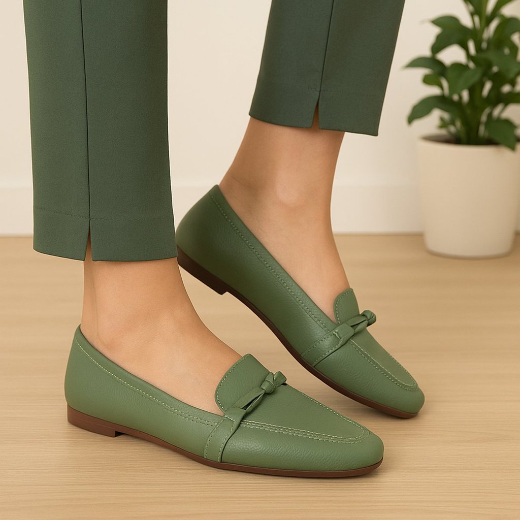 Mocassim Feminino Couro Legítimo Loafer Verde Confortável Macio Leve Trabalho Dia - MARTINA 55