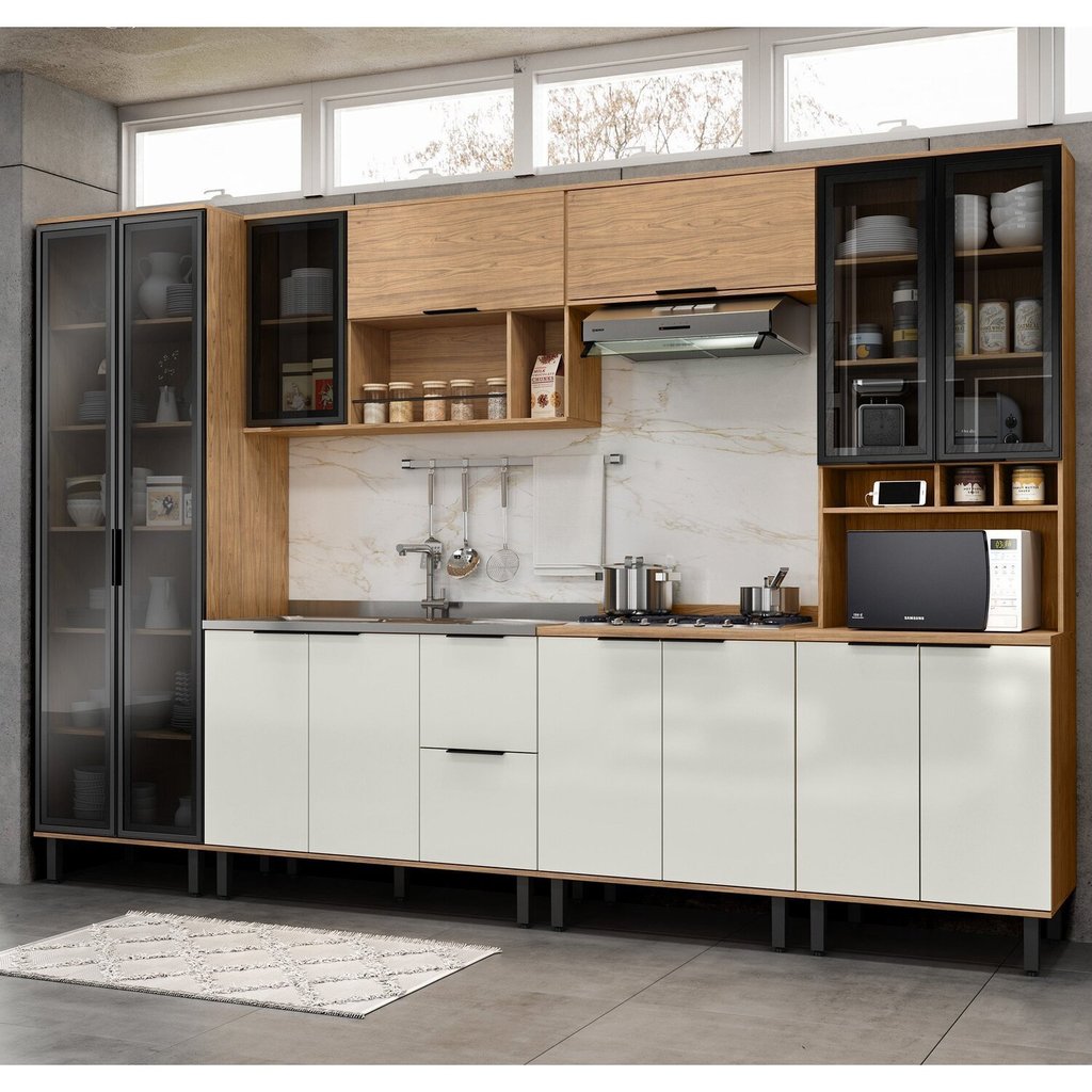 Cozinha Modulada Toscana 6 Peças Mdf com Paneleiro 1 Forno e Cristaleira Freijó/Off White em Oferta na Shopee
