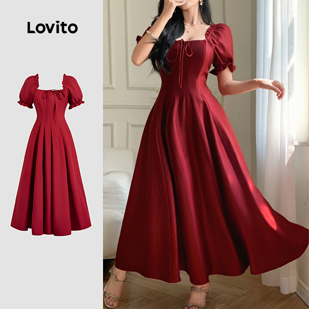 Lovito Vestido Preppy de Renda com Zíper e Fecho de Coroação Primavera/verão Vermelho para Mulheres L154ED1013 em Oferta na Shopee