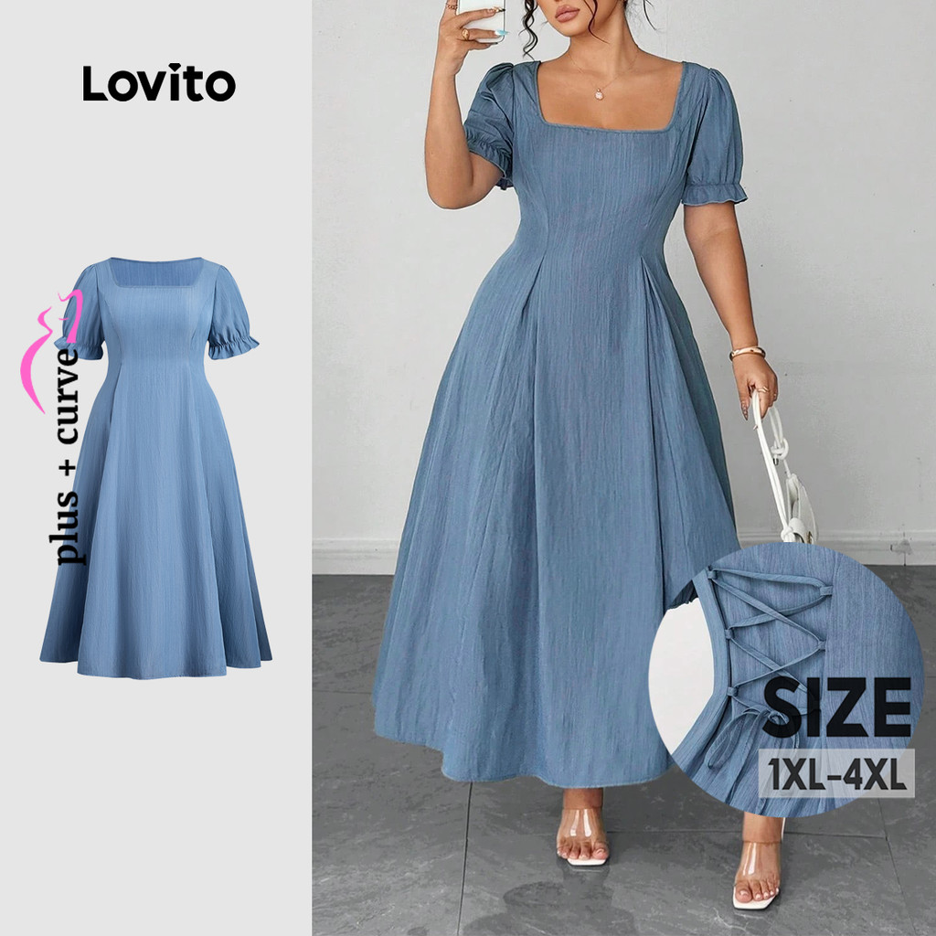 (Lovito Refine) Vestido Elegante Amarração/Cordão/Plissado Primavera/Verão Azul Vestido Evangélico Mulheres LR21L040 em Oferta na Shopee