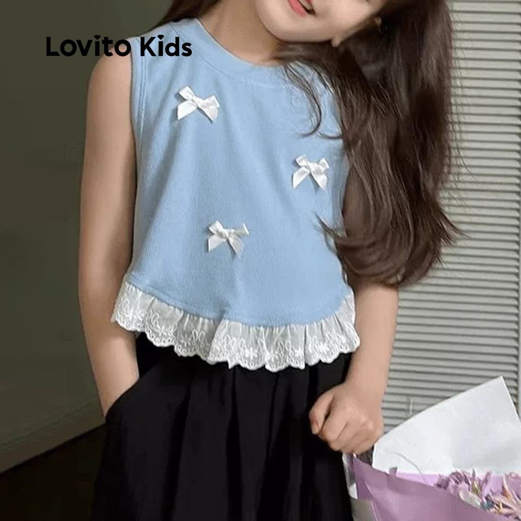 Detalhes do Lovito Kids Regata Casual com Laço Bufante Primavera/verão Blusa Azul para Menina LNL119247